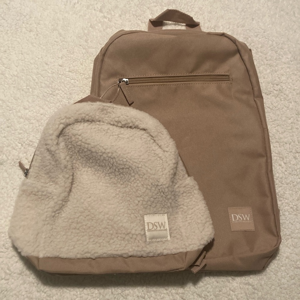NWT DSW large tan and small faux shearling backpack set